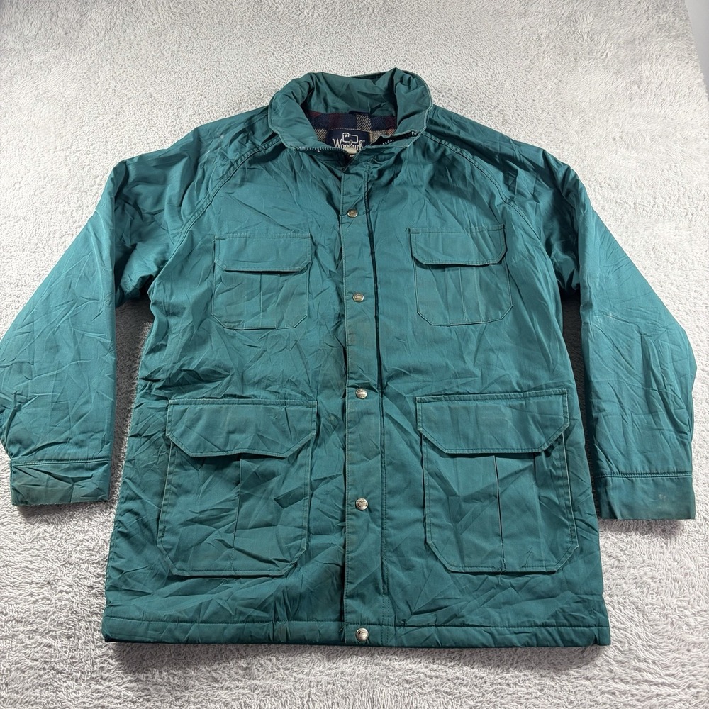 VINTAGE Woolrich Field Coat Jacket Mens Large Green Flannel Lined Pockets Chore‎